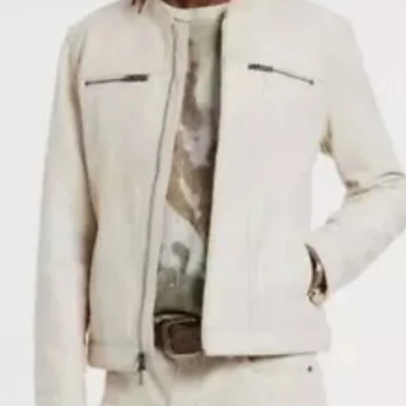 John Varvatos Men's XL White Denim Jacket Zip Up Zippers